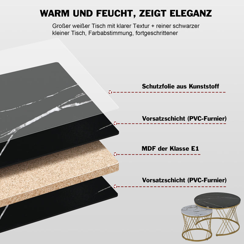 Ensemble de 2 Tables Basses Gigognes Rondes Modernes, Plateau Effet Marbre Blanc et Cadre Métallique Noir (70x45cm & 45x40cm) TRED