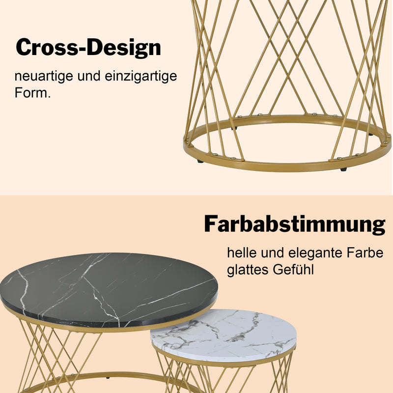 Ensemble de 2 Tables Basses Gigognes Rondes Modernes, Plateau Effet Marbre Blanc et Cadre Métallique Noir (70x45cm & 45x40cm) TRED