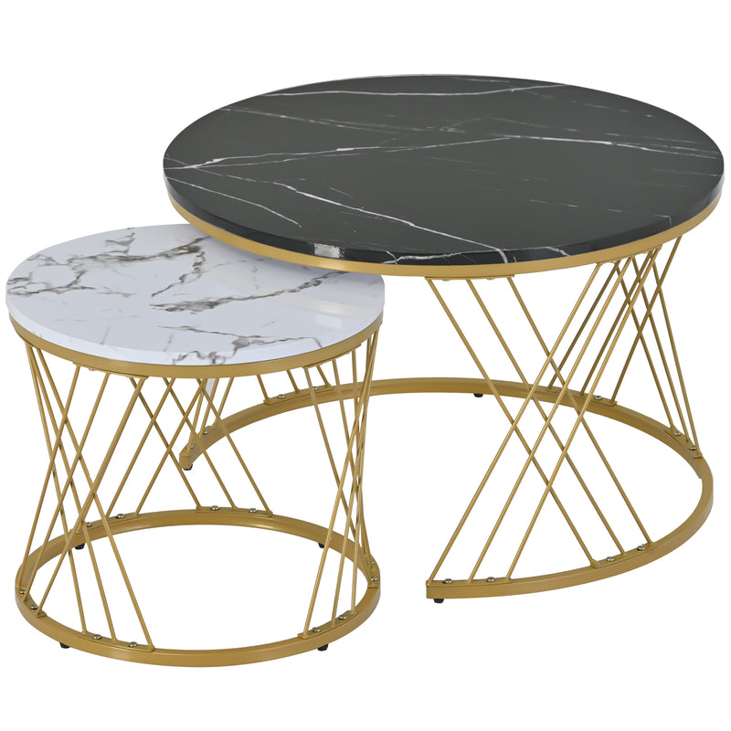 Ensemble de 2 Tables Basses Gigognes Rondes Modernes, Plateau Effet Marbre Blanc et Cadre Métallique Noir (70x45cm & 45x40cm) TRED