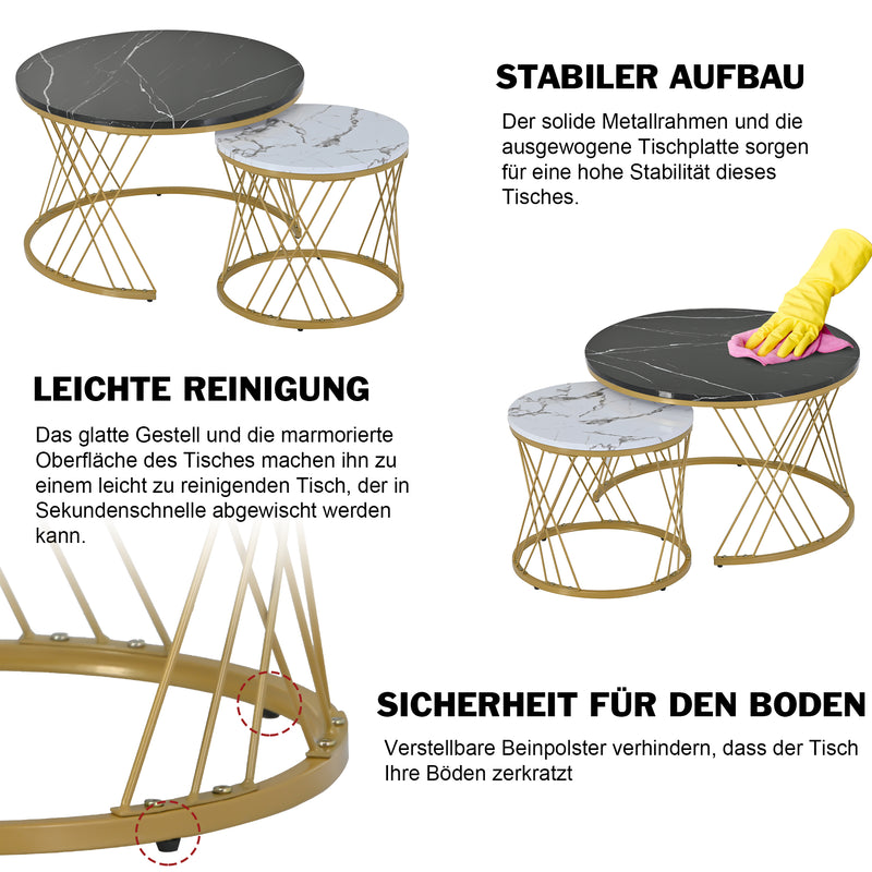 Ensemble de 2 Tables Basses Gigognes Rondes Modernes, Plateau Effet Marbre Blanc et Cadre Métallique Noir (70x45cm & 45x40cm) TRED