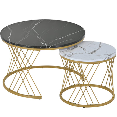 Ensemble de 2 Tables Basses Gigognes Rondes Modernes, Plateau Effet Marbre Blanc et Cadre Métallique Noir (70x45cm & 45x40cm) TRED