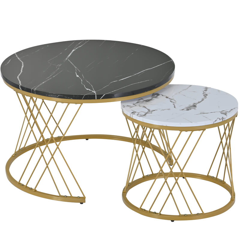 Ensemble de 2 Tables Basses Gigognes Rondes Modernes, Plateau Effet Marbre Blanc et Cadre Métallique Noir (70x45cm & 45x40cm) TRED