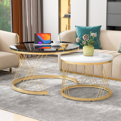 Ensemble de 2 Tables Basses Gigognes Rondes Modernes, Plateau Effet Marbre Blanc et Cadre Métallique Noir (70x45cm & 45x40cm) TRED