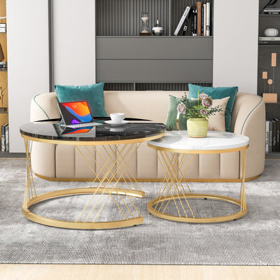 Ensemble de 2 Tables Basses Gigognes Rondes Modernes, Plateau Effet Marbre Blanc et Cadre Métallique Noir (70x45cm & 45x40cm) TRED