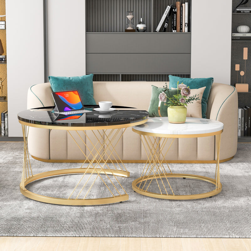 Ensemble de 2 Tables Basses Gigognes Rondes Modernes, Plateau Effet Marbre Blanc et Cadre Métallique Noir (70x45cm & 45x40cm) TRED