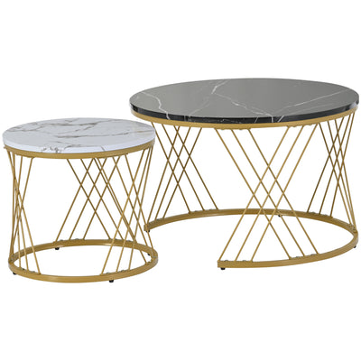 Ensemble de 2 Tables Basses Gigognes Rondes Modernes, Plateau Effet Marbre Blanc et Cadre Métallique Noir (70x45cm & 45x40cm) TRED