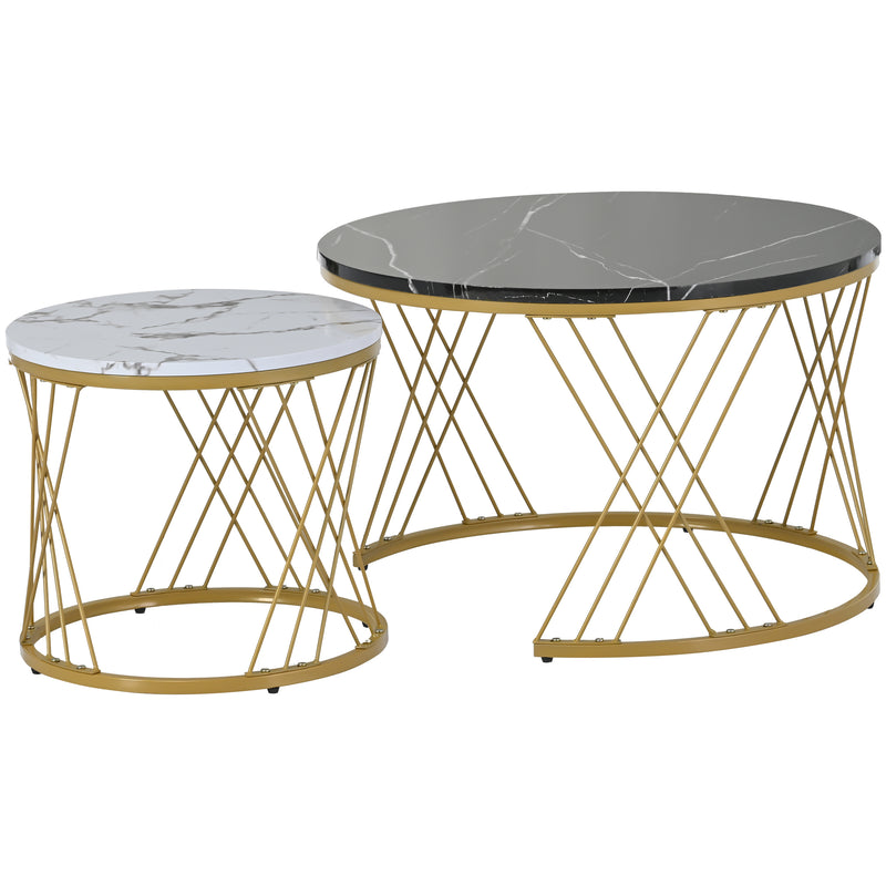 Ensemble de 2 Tables Basses Gigognes Rondes Modernes, Plateau Effet Marbre Blanc et Cadre Métallique Noir (70x45cm & 45x40cm) TRED