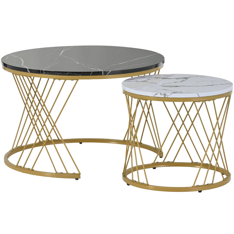 Ensemble de 2 Tables Basses Gigognes Rondes Modernes, Plateau Effet Marbre Blanc et Cadre Métallique Noir (70x45cm & 45x40cm) TRED