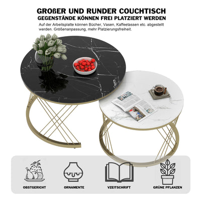Ensemble de 2 Tables Basses Gigognes Rondes Modernes, Plateau Effet Marbre Blanc et Cadre Métallique Noir (70x45cm & 45x40cm) TRED