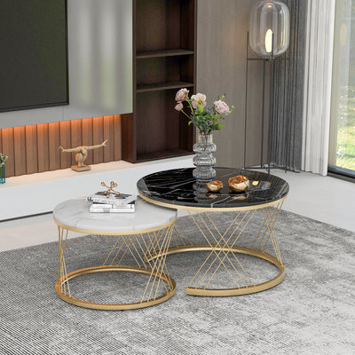 Ensemble de 2 Tables Basses Gigognes Rondes Modernes, Plateau Effet Marbre Blanc et Cadre Métallique Noir (70x45cm & 45x40cm) TRED