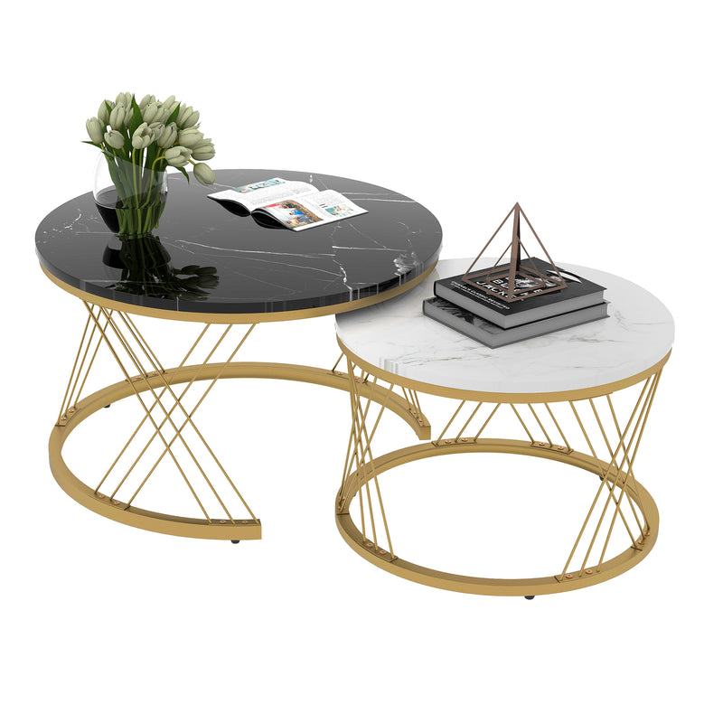 Ensemble de 2 Tables Basses Gigognes Rondes Modernes, Plateau Effet Marbre Blanc et Cadre Métallique Noir (70x45cm & 45x40cm) TRED