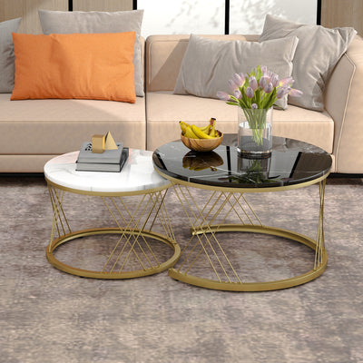 Ensemble de 2 Tables Basses Gigognes Rondes Modernes, Plateau Effet Marbre Blanc et Cadre Métallique Noir (70x45cm & 45x40cm) TRED