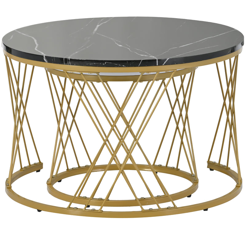 Ensemble de 2 Tables Basses Gigognes Rondes Modernes, Plateau Effet Marbre Blanc et Cadre Métallique Noir (70x45cm & 45x40cm) TRED
