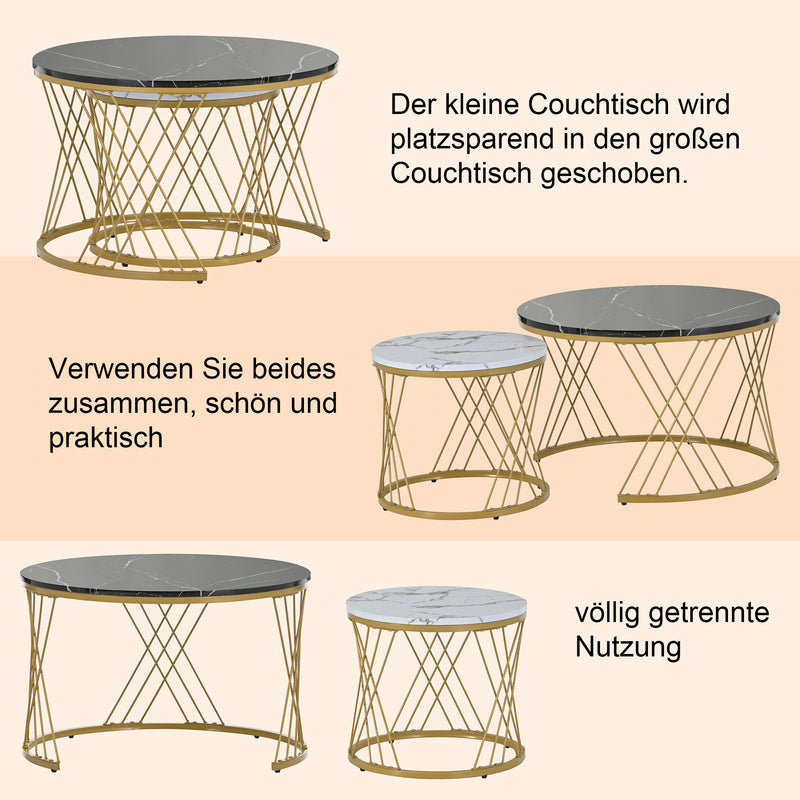 Ensemble de 2 Tables Basses Gigognes Rondes Modernes, Plateau Effet Marbre Blanc et Cadre Métallique Noir (70x45cm & 45x40cm) TRED