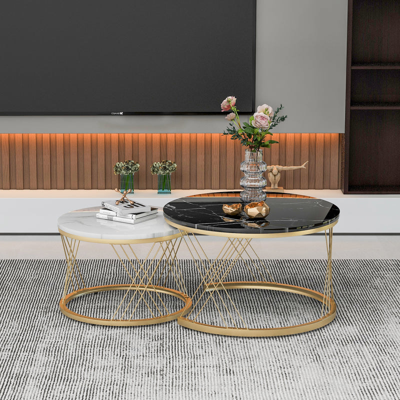 Ensemble de 2 Tables Basses Gigognes Rondes Modernes, Plateau Effet Marbre Blanc et Cadre Métallique Noir (70x45cm & 45x40cm) TRED