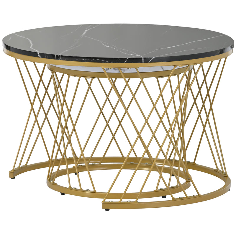 Ensemble de 2 Tables Basses Gigognes Rondes Modernes, Plateau Effet Marbre Blanc et Cadre Métallique Noir (70x45cm & 45x40cm) TRED