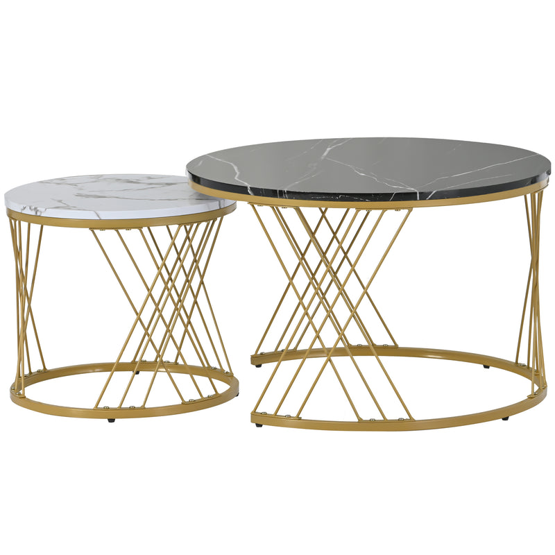 Ensemble de 2 Tables Basses Gigognes Rondes Modernes, Plateau Effet Marbre Blanc et Cadre Métallique Noir (70x45cm & 45x40cm) TRED