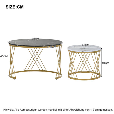 Ensemble de 2 Tables Basses Gigognes Rondes Modernes, Plateau Effet Marbre Blanc et Cadre Métallique Noir (70x45cm & 45x40cm) TRED