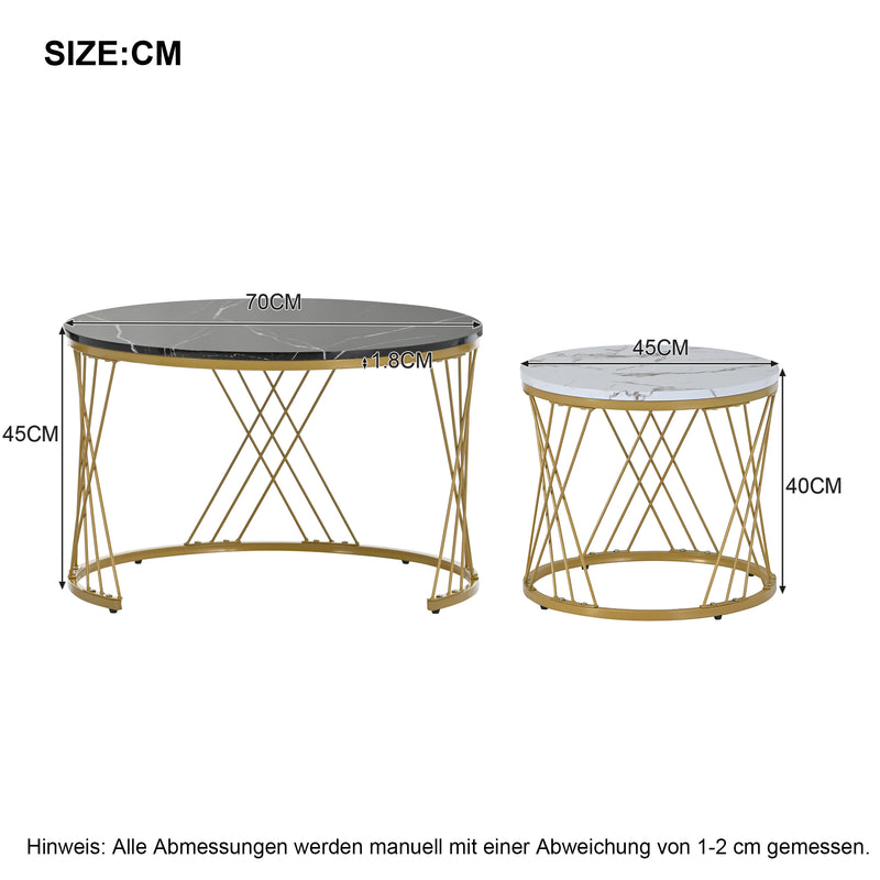 Ensemble de 2 Tables Basses Gigognes Rondes Modernes, Plateau Effet Marbre Blanc et Cadre Métallique Noir (70x45cm & 45x40cm) TRED