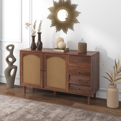 Buffet Style Ferme Moderne en Bois avec Portes en Rotin, Design Irrégulier et Étagères Ajustables (130x40x75.5cm) SCRENKU