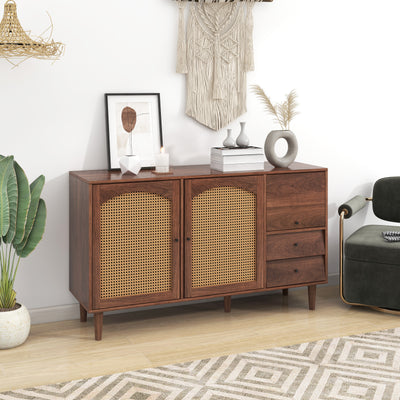 Buffet Style Ferme Moderne en Bois avec Portes en Rotin, Design Irrégulier et Étagères Ajustables (130x40x75.5cm) SCRENKU