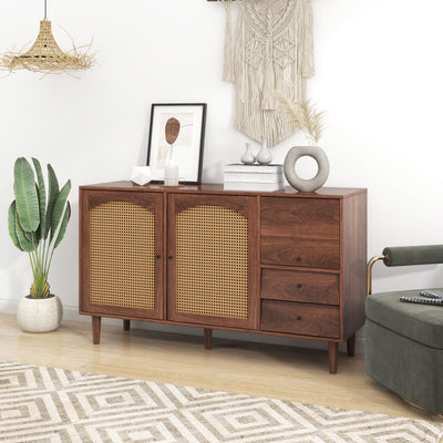 Buffet Style Ferme Moderne en Bois avec Portes en Rotin, Design Irrégulier et Étagères Ajustables (130x40x75.5cm) SCRENKU