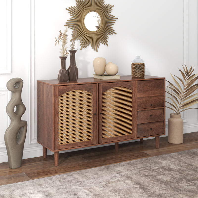 Buffet Style Ferme Moderne en Bois avec Portes en Rotin, Design Irrégulier et Étagères Ajustables (130x40x75.5cm) SCRENKU