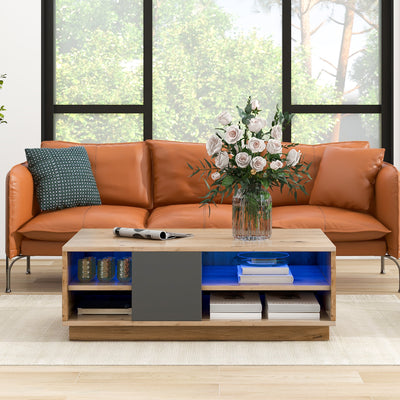 Table Basse Bicolore Noir et Marron avec Rangement Intégré et Éclairage LED RVB RAELDRULS