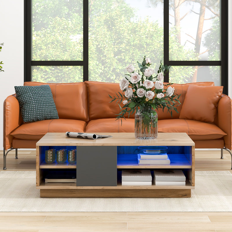 Table Basse Bicolore Noir et Marron avec Rangement Intégré et Éclairage LED RVB RAELDRULS