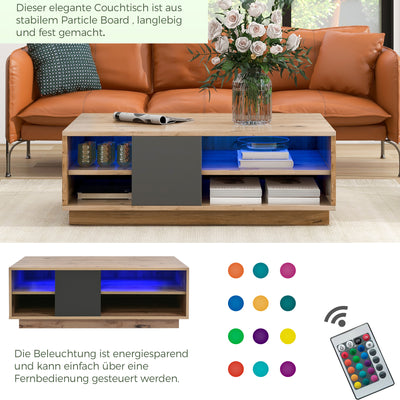 Table Basse Bicolore Noir et Marron avec Rangement Intégré et Éclairage LED RVB RAELDRULS
