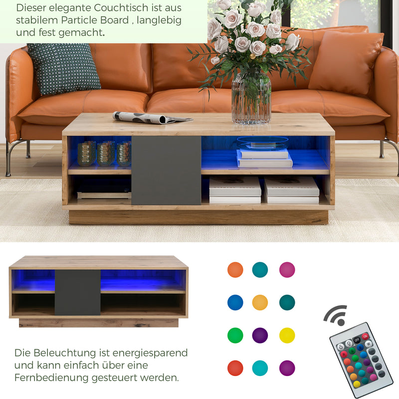 Table Basse Bicolore Noir et Marron avec Rangement Intégré et Éclairage LED RVB RAELDRULS