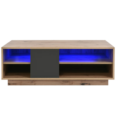 Table Basse Bicolore Noir et Marron avec Rangement Intégré et Éclairage LED RVB RAELDRULS