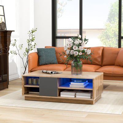 Table Basse Bicolore Noir et Marron avec Rangement Intégré et Éclairage LED RVB RAELDRULS