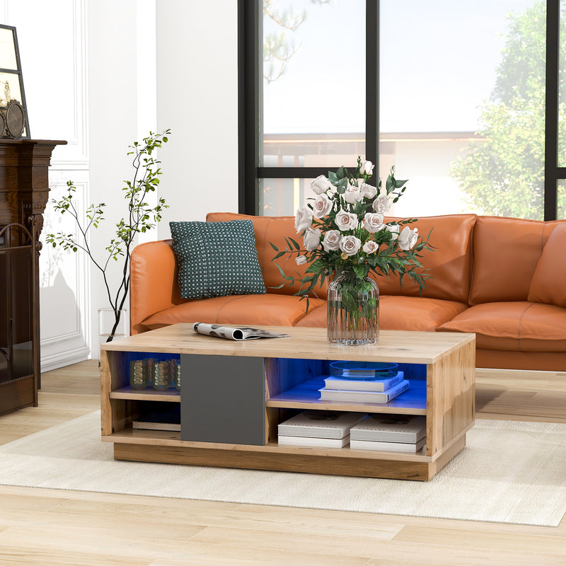 Table Basse Bicolore Noir et Marron avec Rangement Intégré et Éclairage LED RVB RAELDRULS