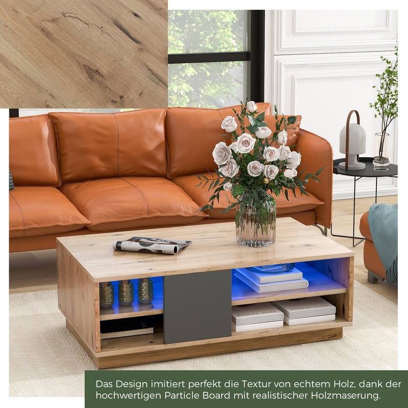 Table Basse Bicolore Noir et Marron avec Rangement Intégré et Éclairage LED RVB RAELDRULS