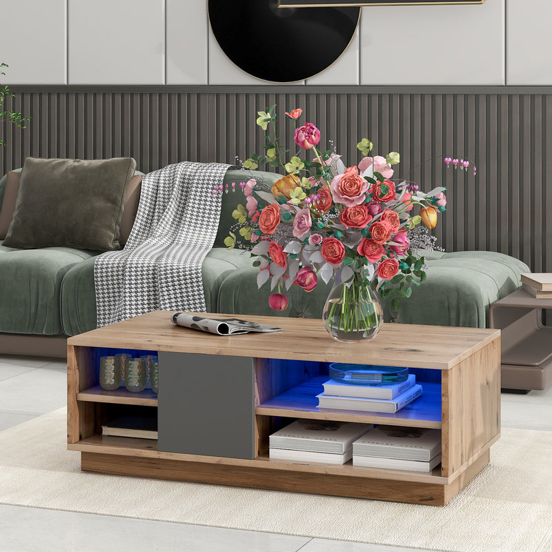 Table Basse Bicolore Noir et Marron avec Rangement Intégré et Éclairage LED RVB RAELDRULS