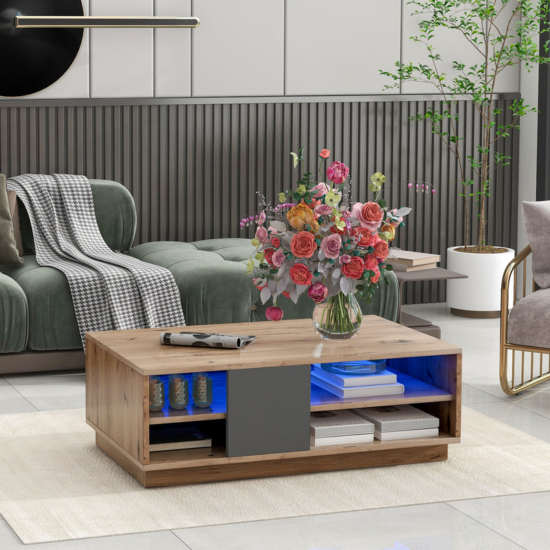 Table Basse Bicolore Noir et Marron avec Rangement Intégré et Éclairage LED RVB RAELDRULS