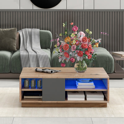 Table Basse Bicolore Noir et Marron avec Rangement Intégré et Éclairage LED RVB RAELDRULS