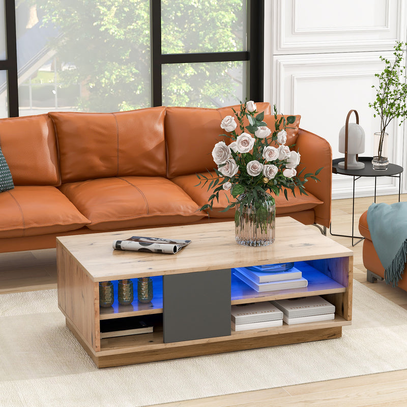 Table Basse Bicolore Noir et Marron avec Rangement Intégré et Éclairage LED RVB RAELDRULS