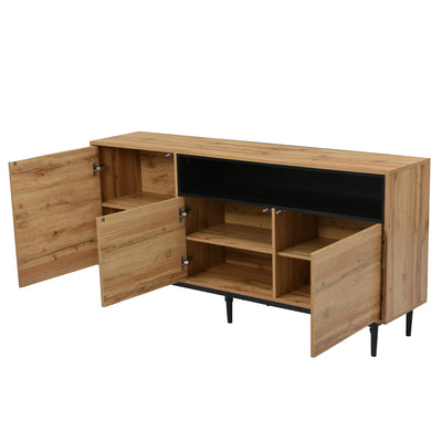 Buffet / Armoire de Rangement Moderne en Bois Naturel avec 3 Portes, Étagères Réglables et Finition Noire (160x35x76cm) OMHAT