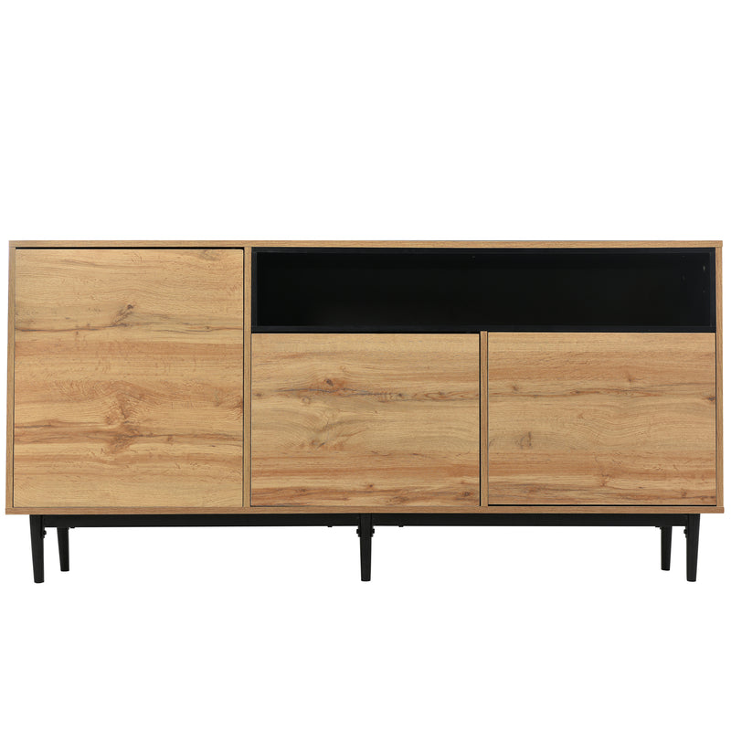 Buffet / Armoire de Rangement Moderne en Bois Naturel avec 3 Portes, Étagères Réglables et Finition Noire (160x35x76cm) OMHAT
