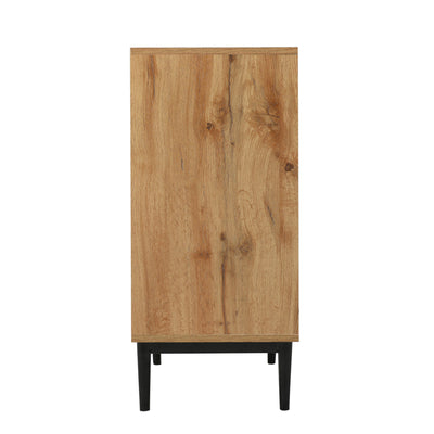 Buffet / Armoire de Rangement Moderne en Bois Naturel avec 3 Portes, Étagères Réglables et Finition Noire (160x35x76cm) OMHAT