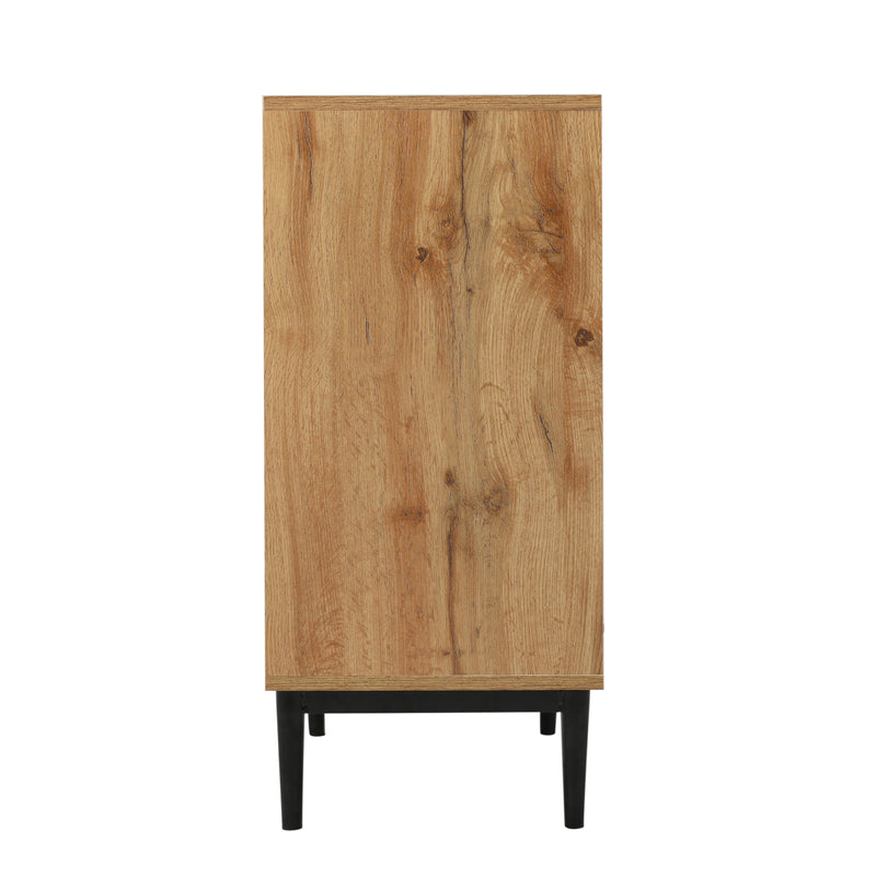 Buffet / Armoire de Rangement Moderne en Bois Naturel avec 3 Portes, Étagères Réglables et Finition Noire (160x35x76cm) OMHAT