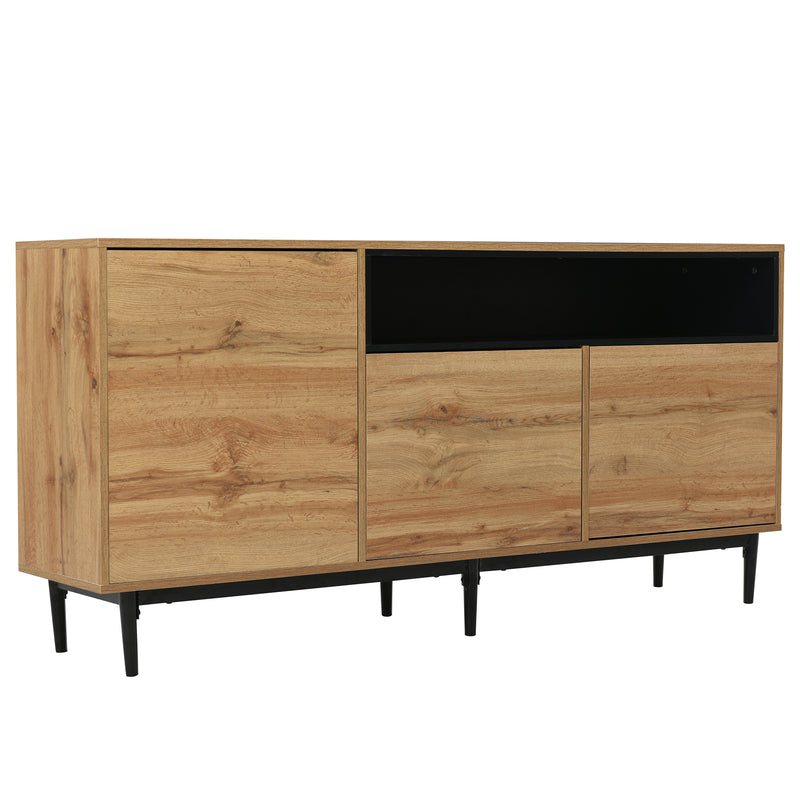Buffet / Armoire de Rangement Moderne en Bois Naturel avec 3 Portes, Étagères Réglables et Finition Noire (160x35x76cm) OMHAT