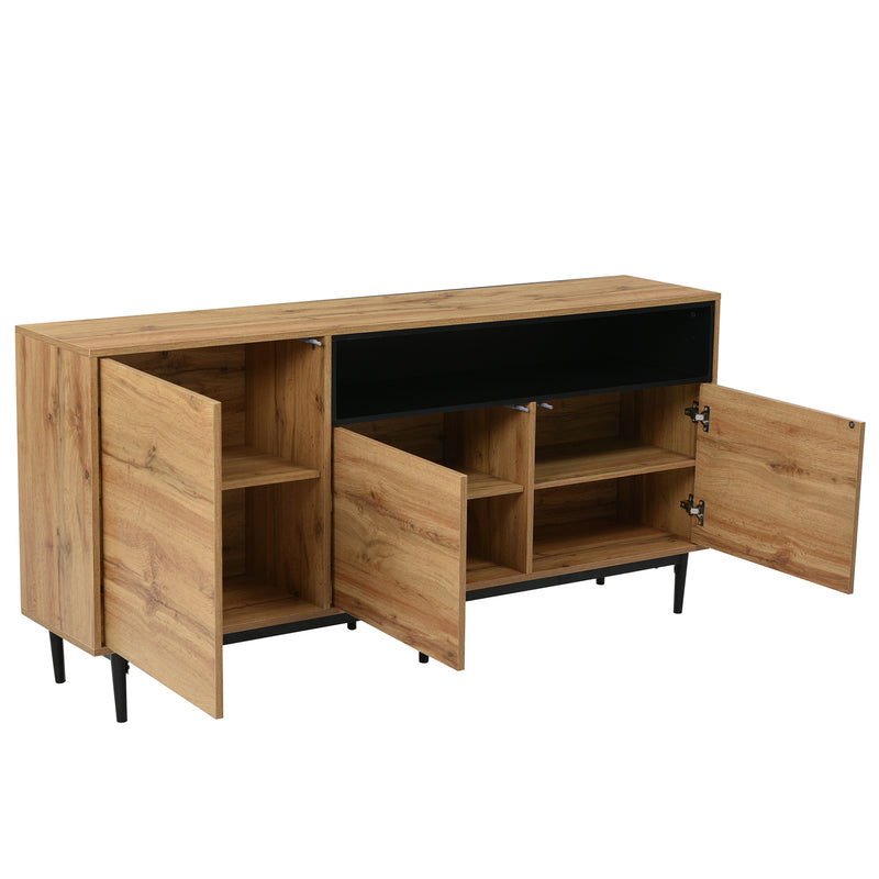 Buffet / Armoire de Rangement Moderne en Bois Naturel avec 3 Portes, Étagères Réglables et Finition Noire (160x35x76cm) OMHAT