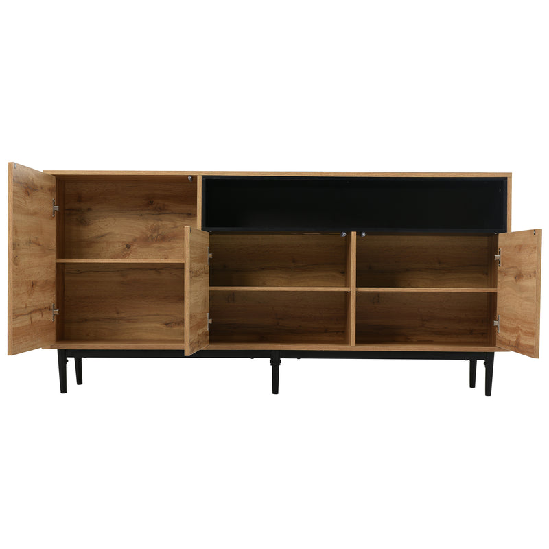 Buffet / Armoire de Rangement Moderne en Bois Naturel avec 3 Portes, Étagères Réglables et Finition Noire (160x35x76cm) OMHAT
