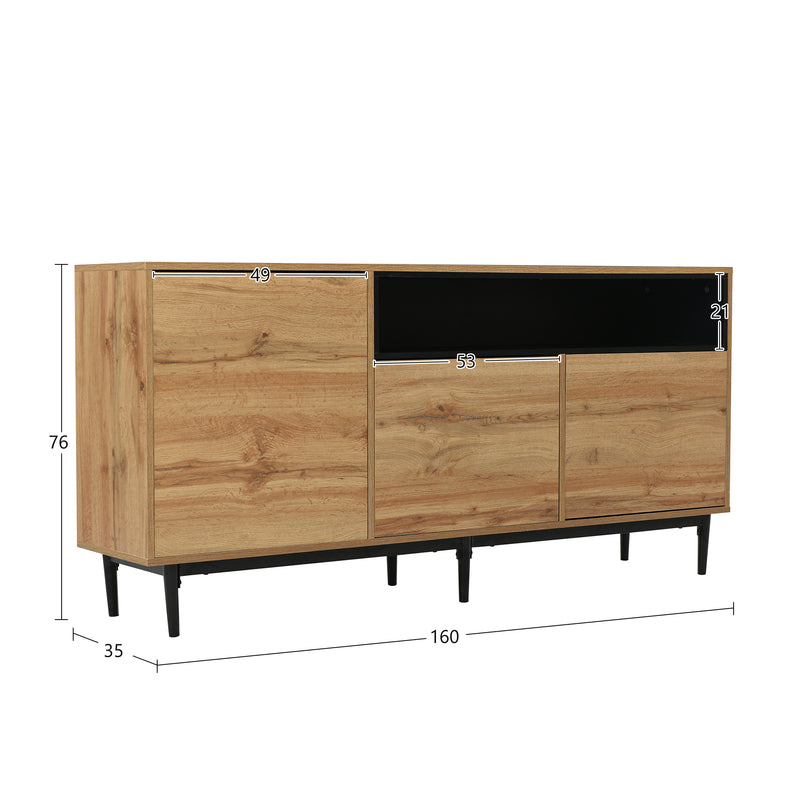 Buffet / Armoire de Rangement Moderne en Bois Naturel avec 3 Portes, Étagères Réglables et Finition Noire (160x35x76cm) OMHAT