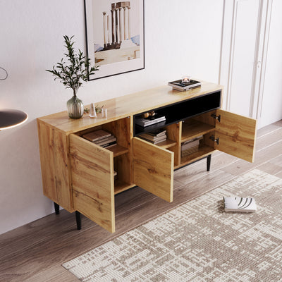 Buffet / Armoire de Rangement Moderne en Bois Naturel avec 3 Portes, Étagères Réglables et Finition Noire (160x35x76cm) OMHAT