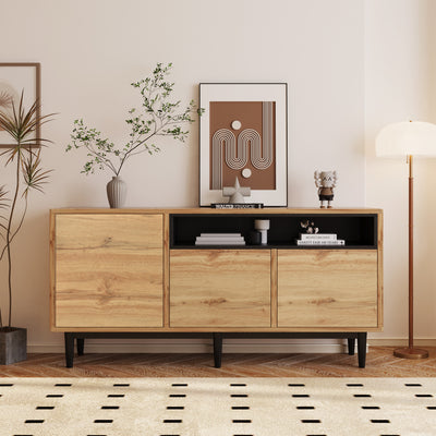 Buffet / Armoire de Rangement Moderne en Bois Naturel avec 3 Portes, Étagères Réglables et Finition Noire (160x35x76cm) OMHAT