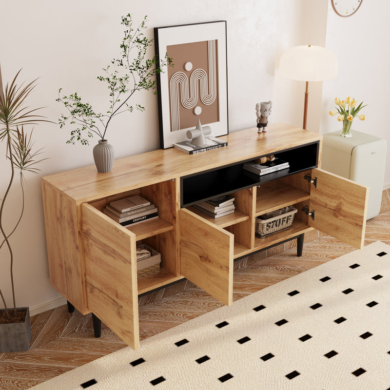 Buffet / Armoire de Rangement Moderne en Bois Naturel avec 3 Portes, Étagères Réglables et Finition Noire (160x35x76cm) OMHAT